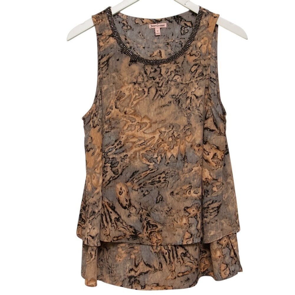 JUICY COUTURE Sleeveless Blouse Size Medium Brown Abstract Sparkle Flowy